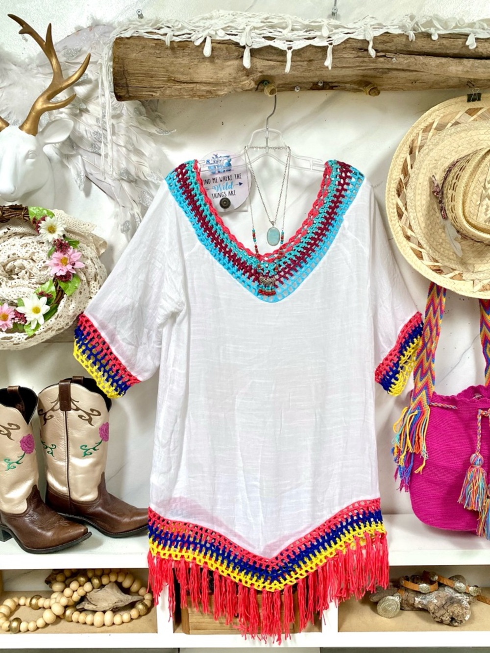Granny fringe crochet boho tunic dress cover up w hippy Gypsy beach vibe - Picture 3 of 13